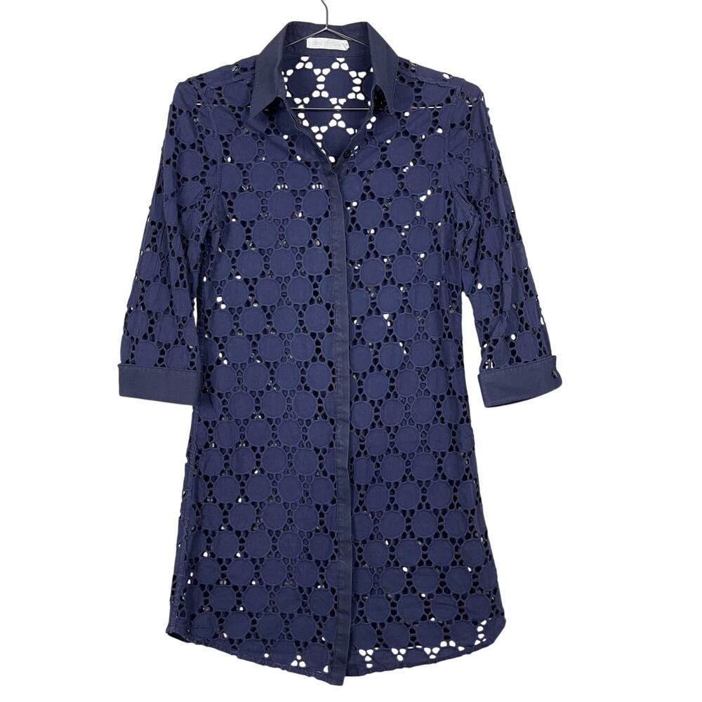 Anne Fontaine Eyelet Mini Button Down‎ Shirt Dress Navy EU 36 Chic Preppy